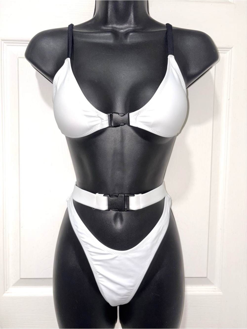 Fashion Nova White Bikini Set with Black Straps and Buckles size Small